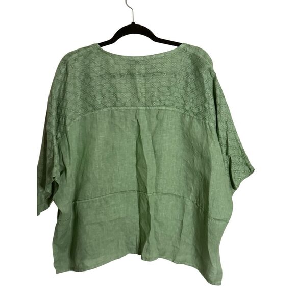 Marisima Linen Embroidered Split Neck Short Sleeve Blouse Green One Size - Picture 5 of 5